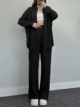 Женская Повседневная одежда из двух предметов, однотонная рубашка с длинным рукавом и свободными брюками с лацканами, уличная одежда